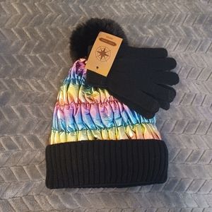 NWT Girls Youth Black Multicolor Beanie With Gloves